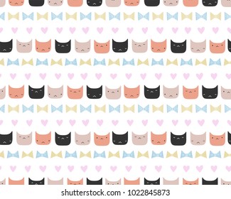 Cute hand drawn seamless vector pattern with funny cat faces, bows, hearts, on a white background. Scandinavian design style. Concept for kids textile print, wallpaper, wrapping paper.