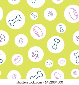 Cute hand drawn seamless vector pattern. Golden retriever, dog bowls, paw prints, and dog bones. Perfect to complement your pet lover's dreams! Great for packaging, stationary, gift wrap, and more. 