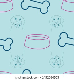 Cute hand drawn seamless vector pattern. Golden retriever, dog bowls, paw prints, and dog bones. Perfect to complement your pet lover's dreams! Great for packaging, stationary, gift wrap, and more. 