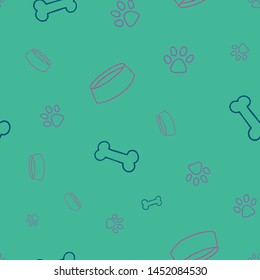 Cute hand drawn seamless vector pattern. Golden retriever, dog bowls, paw prints, and dog bones. Perfect to complement your pet lover's dreams! Great for packaging, stationary, gift wrap, and more. 