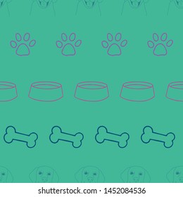 Cute hand drawn seamless vector pattern. Golden retriever, dog bowls, paw prints, and dog bones. Perfect to complement your pet lover's dreams! Great for packaging, stationary, gift wrap, and more. 