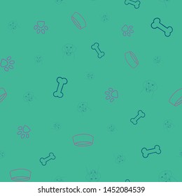 Cute hand drawn seamless vector pattern. Golden retriever, dog bowls, paw prints, and dog bones. Perfect to complement your pet lover's dreams! Great for packaging, stationary, gift wrap, and more. 