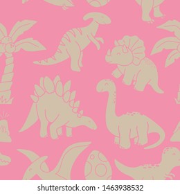Cute hand drawn seamless vector pattern with dinosaurs. This adorable repeat pattern is great for children's packaging, fabric, gift wrap, and stationary. The unique pattern is great for boys and girl