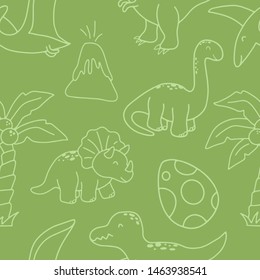 Cute hand drawn seamless vector pattern with dinosaurs. This adorable repeat pattern is great for children's packaging, fabric, gift wrap, and stationary. The unique pattern is great for boys and girl