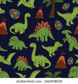 Cute hand drawn seamless vector pattern with dinosaurs. This adorable repeat pattern is great for children's packaging, fabric, gift wrap, and stationary. The unique pattern is great for boys and girl