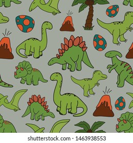 Cute hand drawn seamless vector pattern with dinosaurs. This adorable repeat pattern is great for children's packaging, fabric, gift wrap, and stationary. The unique pattern is great for boys and girl