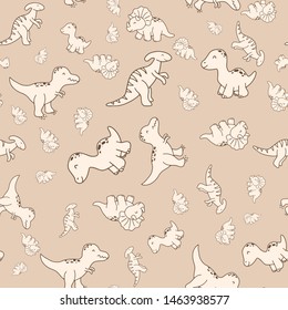 Cute hand drawn seamless vector pattern with dinosaurs. This adorable repeat pattern is great for children's packaging, fabric, gift wrap, and stationary. The unique pattern is great for boys and girl