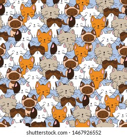 Cute hand drawn seamless vector pattern with cats and kittens. This adorable repeat pattern is great for children's packaging, fabric, gift wrap, and stationary. 