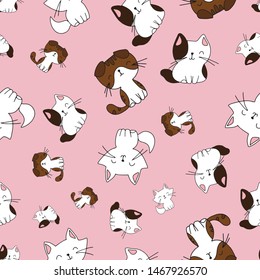 Cute hand drawn seamless vector pattern with cats and kittens. This adorable repeat pattern is great for children's packaging, fabric, gift wrap, and stationary. 