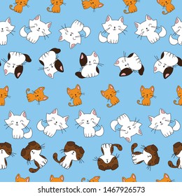 Cute hand drawn seamless vector pattern with cats and kittens. This adorable repeat pattern is great for children's packaging, fabric, gift wrap, and stationary. 