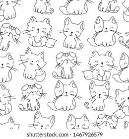 Cute hand drawn seamless vector pattern with cats and kittens. This adorable repeat pattern is great for children's packaging, fabric, gift wrap, and stationary. 