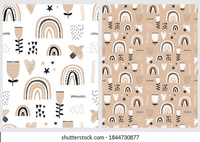 Cute Hand Drawn Seamless Vector Patterns Set with Funny Rainbows, Heart, Stars, Flowers and Birds Isolated on a White and Gold Background. Simple Infantile Style Print. Abstract Garden.