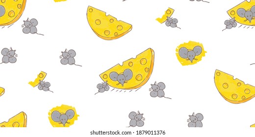 Cute hand drawn seamless vector pattern with adorable mice and cheese, perfect for kids