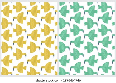 Cute Hand Drawn Seamless Vector Pattern with Funny Yellow and Turquoise Birds on a White Background. Funny Print with Big Flying Birds. Simple Abstract Print ideal for Fabric, Textile, Wrapping Paper.