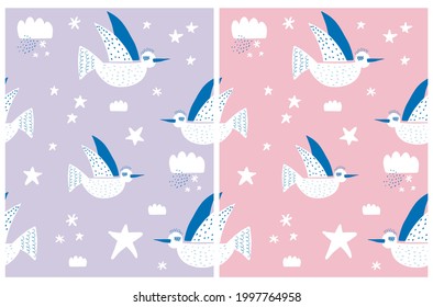 Cute Hand Drawn Seamless Vector Pattern with Funny White Birds on a Violet and Pink Background. Lovely Print with Big Flying Seagulls. Simple Abstract Print ideal for Fabric, Textile, Wrapping Paper.