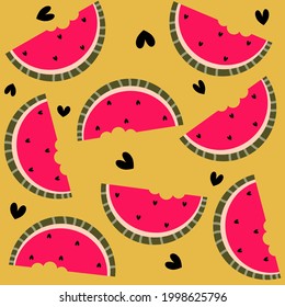 Ilustración de fondo del patrón vectorial sin costura dibujada a mano con rodaja de sandía y corazones 