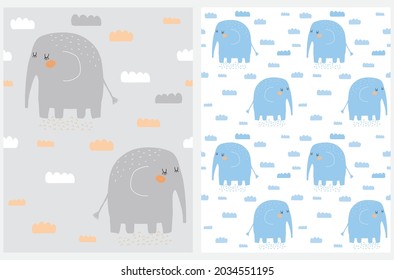 Patadas de vectores semisin mano con elefante bebé. Impresión muy reproducible con grandes elefantes azules y grises en un fondo blanco y gris claro. Patrones De Ducha Infantil.