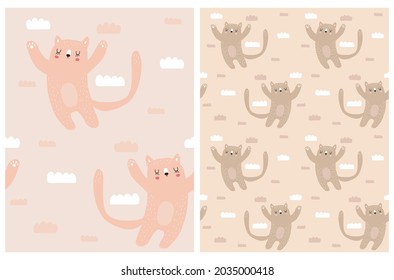 Cute Hand Drawn Seamless Vector Patterns with Baby Cat. Lovely Repeatable Print with Pink and Brow Little Kitties on a Blush Pink and Beige Background. Infantile Style Nursery Patterns.
