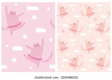 Patrones de vectores semisin mano con tigre bailando. Impresión muy reproducible con un gato rosado sobre fondo rosa y negro. Patrones de guardería de estilo infantil. Impresión de bailarina de tigres de bebé.