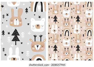 Patrones de vectores sin soldadura a mano con osos, conejos, ciervos, árboles, arcos y estrellas.Impresión de bosques de estilo infantil para tela, textiles. Animales de fondo gris claro y marrón claro.