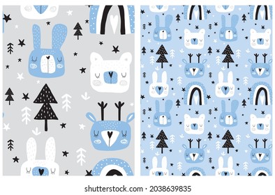 Cute Hand Drawn Seamless Vector Patterns with Bears, Rabbits, Deers, Trees, Rainbows and Stars.Infantile Style Woodland  Print for Fabric, Textile. Animals on a Light Gray and Pastel Blue Background.