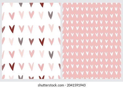 Cute Hand Drawn Seamless Vector Patterns with White, Red, Grey and Pink Hearts on a White and Pastel Pink Background. Funny Infantile Style Romantic Print. Hearts Repeatable Design ideal for Fabric.