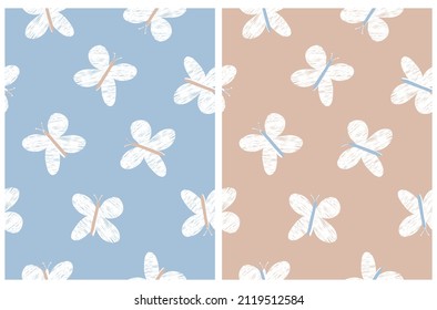 Cute Hand Drawn Seamless Vector Pattern with Abstract Sketched Butterflies ideal for Fabric, Textile, Wrapping Paper. Simple Print with White Flying Butterlies on a Light Blue and Coral Background. 