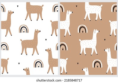 Cute Hand Drawn Seamless Vector Pattern with Lovely Lama, Heart and Rainbow on a White and Brown Background. Sweet Infantile Style Alpaca Print. Simple Illustration with Cool Guanaco ideal for Fabric.