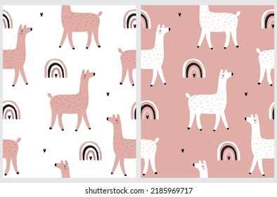 Cute Hand Drawn Seamless Vector Pattern with Lovely Lama, Heart and Rainbow on a White and Blush Pink Background. Sweet Infantile Style Alpaca Print. Simple Illustration with Cool Guanaco.