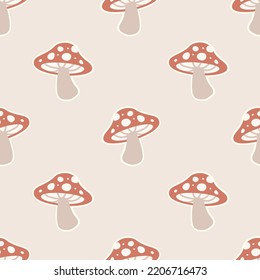 Cute Hand Drawn Seamless Vector Pattern with Mushrooms. Amanita Muscaria (fly agaric) design for wallpaper, gift paper, pattern fills,  background, fabric, and all your creative project