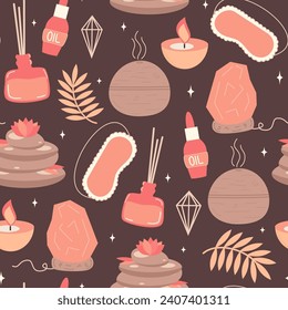 Cute hand drawn seamless vector pattern background illustration with aromatherapy elements like oil, candles, lotus flowers, salt lamp, diffuser oil and other 