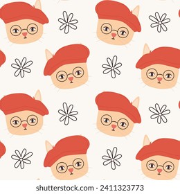 Cute hand drawn seamless vector pattern background illustration with cartoon character cat with red french hat and daisy flowers