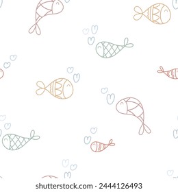 Cute hand drawn seamless vector pattern with fishes and bubbles. Fun outline sealife background for kids room decor, nursery art, wrapping paper, textile, fabric, wallpaper, gift, packaging, apparel.