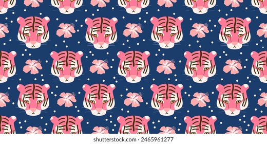 cute hand drawn seamless vector pattern illustration with tigers, pink hibiscus flowers and confetti on blue background