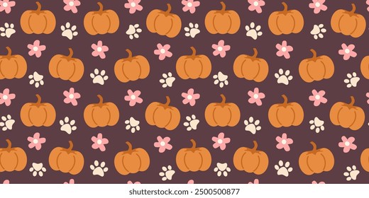 cute hand drawn seamless vector pattern illustration for thanksgiving holiday with pumpkins, pink daisy flowers and white paw prints on purple background