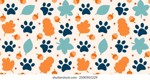 Linda ilustración de patrón de Vector sin costuras dibujado a mano para la temporada de otoño otoño con hojas naranjas y azules, bellota y estampados de patas sobre fondo crema