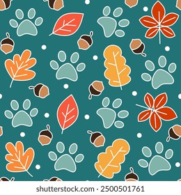 cute hand drawn seamless vector pattern illustration for fall autumn season with orange, red and yellow leaves, acorn, white dots and paw prints on blue background