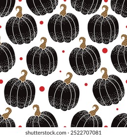 Cute hand drawn seamless vector pattern background illustration with black pumpkins and polka dots.