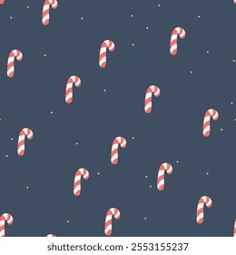 Cute hand drawn seamless vector pattern with candy canes. Scandi style illustration. Fun Christmas background for wrapping paper, packaging, gift, fabric, wallpaper, textile, apparel.