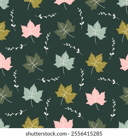 cute hand drawn seamless vector pattern background illustration with green and pink leaves an branches