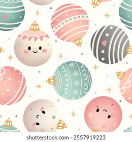 Cute hand drawn seamless vector pattern with kawaii christmas cartoon baubles ornament in Pastel Colors