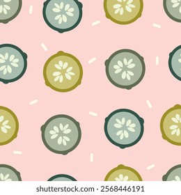 cute hand drawn seamless vector pattern illustration with cucumber slice on pink background