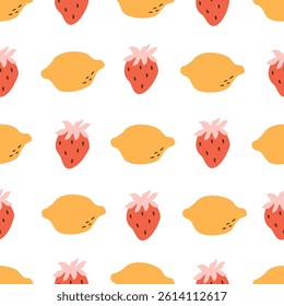 cute hand drawn seamless vector pattern background illustration with red strawberries and yellow lemons