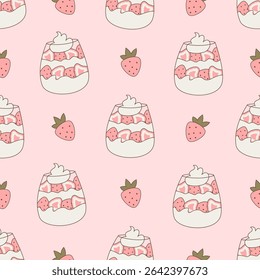 Cute hand drawn seamless vector pattern illustration with glass with strawberry with whipped cream on pink background	