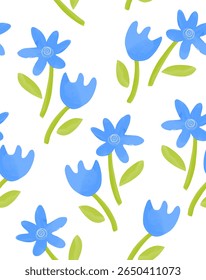 Nettes, handgezeichnetes, nahtloses Vektormuster mit blauen Blumen auf weißem Hintergrund. Kinderliche Zeichnung wie Tapete mit blühenden Blumen. Einfache abstrakte Gartendruck ideal für Stoff, Textilien. RGB