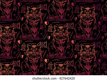 Cute hand drawn seamless vector cats pattern on black background.Cat with hearts and geometric figures,vector illustration.