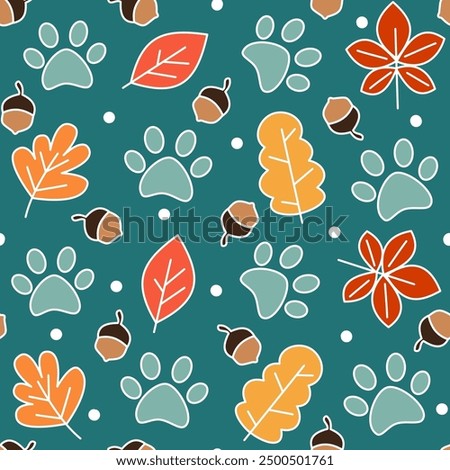 cute hand drawn seamless vector pattern illustration for fall autumn season with orange, red and yellow leaves, acorn, white dots and paw prints on blue background