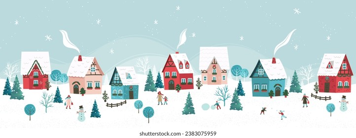 Cute hand drawn seamless Winter landscape with happy people playing, shopping, walking, Vector horizontal banner winter wonderland 