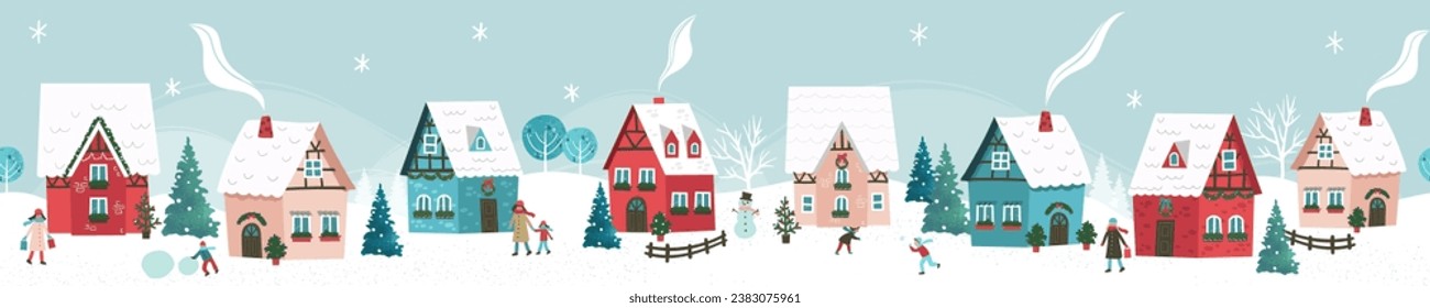 Cute hand drawn seamless Winter landscape with happy people playing, shopping, walking, Vector horizontal banner winter wonderland 