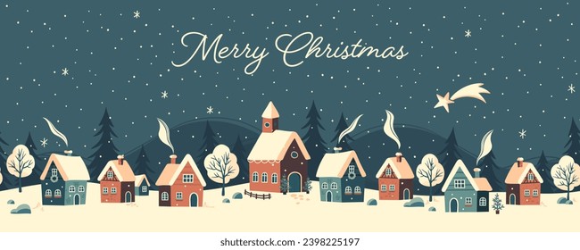 Cute hand drawn seamless Winter landscape with happy people playing, horizontal seamless vector banner winter wonderland 